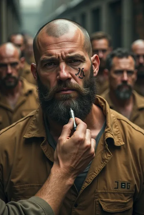 Main Character (Central Focus):

A muscular, bald man with a short beard is in the foreground.
He wears a worn-out brown prison uniform.
His face has a stamp or marking, possibly indicating identification or status within the setting.
His expression is ser...