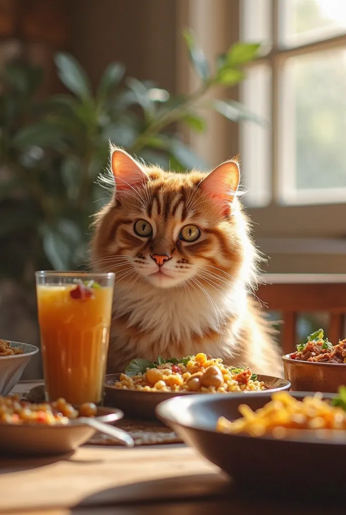 Aqui está um prompt para você usar:

“A fluffy orange cat with white patches is sitting at a rustic wooden table, enjoying a homemade meal. The cat eagerly takes a bite of delicious food, with a satisfied look in its eyes, and takes a sip of freshly made p...