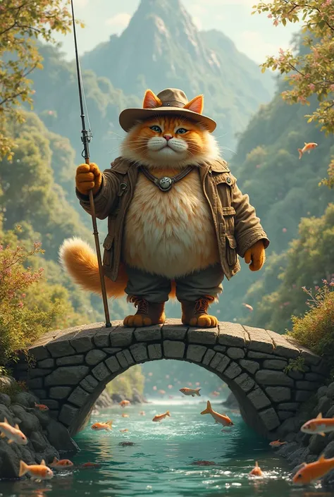 A realistic, cinematic image of a very fat, large, furry, light orange cat with refined features. In the clothes of a fisherman wielding a hook walking over the bridge with the sixth with lots of fish