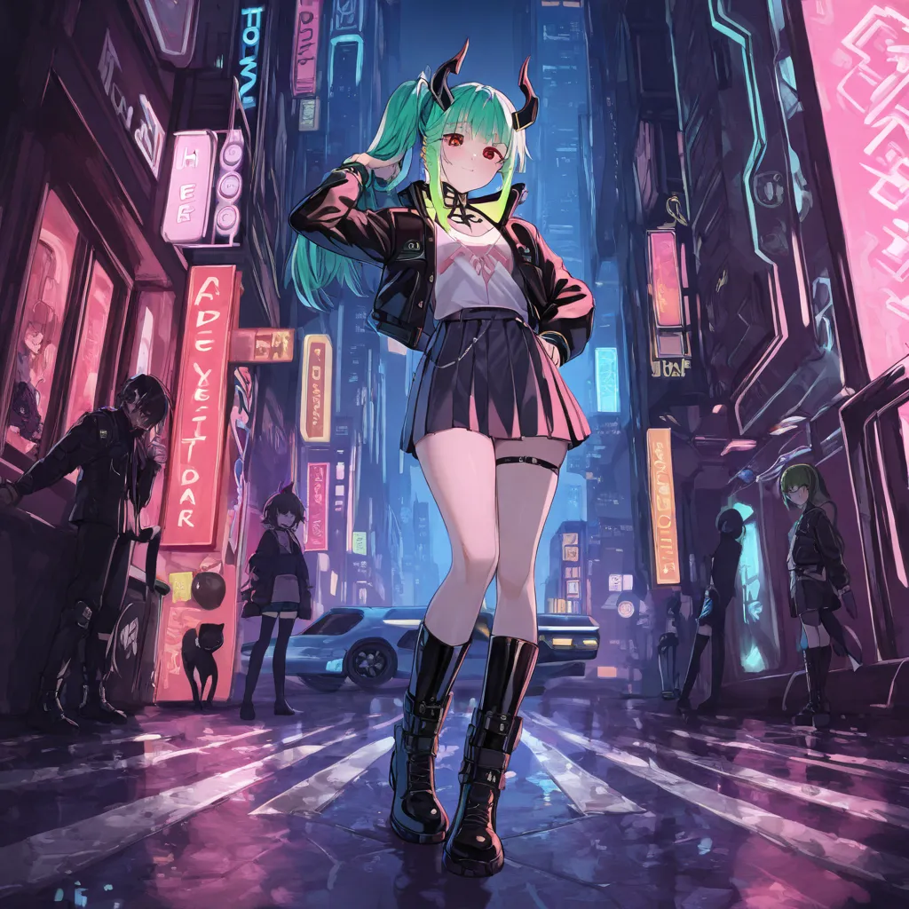  cyberpunk city、cute elementary school girl putting on a mosaic、 green hair、 red eyes、Little Devil、cute cyberpunk jacket and miniskirt