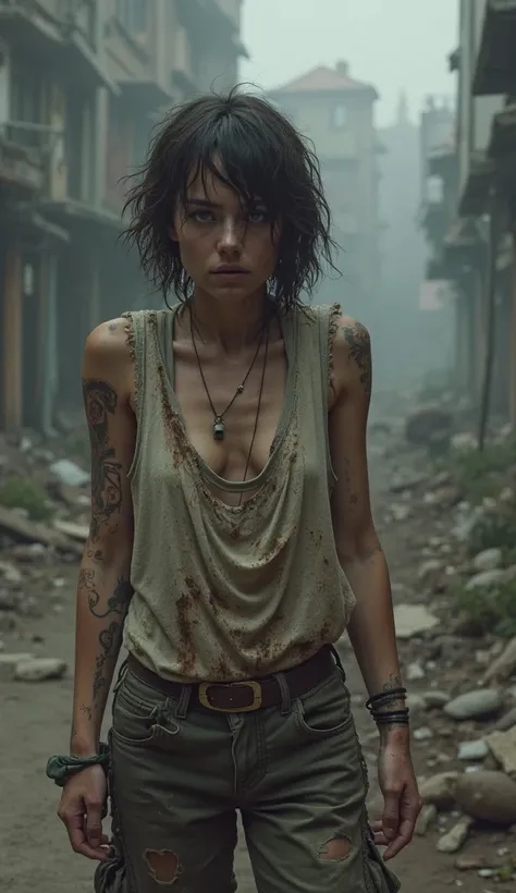  A woman,  21 years old,  ragged clothes, Short and dirty hair,  look tired, Weakened face, STOP, Resting Pose, She carries a bread knife in her hands,  scared, Destroyed city scenario,  post-apocalypse game .