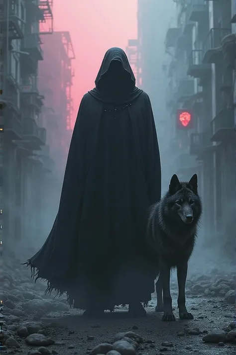 A man in a black robe, standing in the middle of a dead city, with a wolf wearing a black robe, in the dark, the right light is pink, the left light is blue 