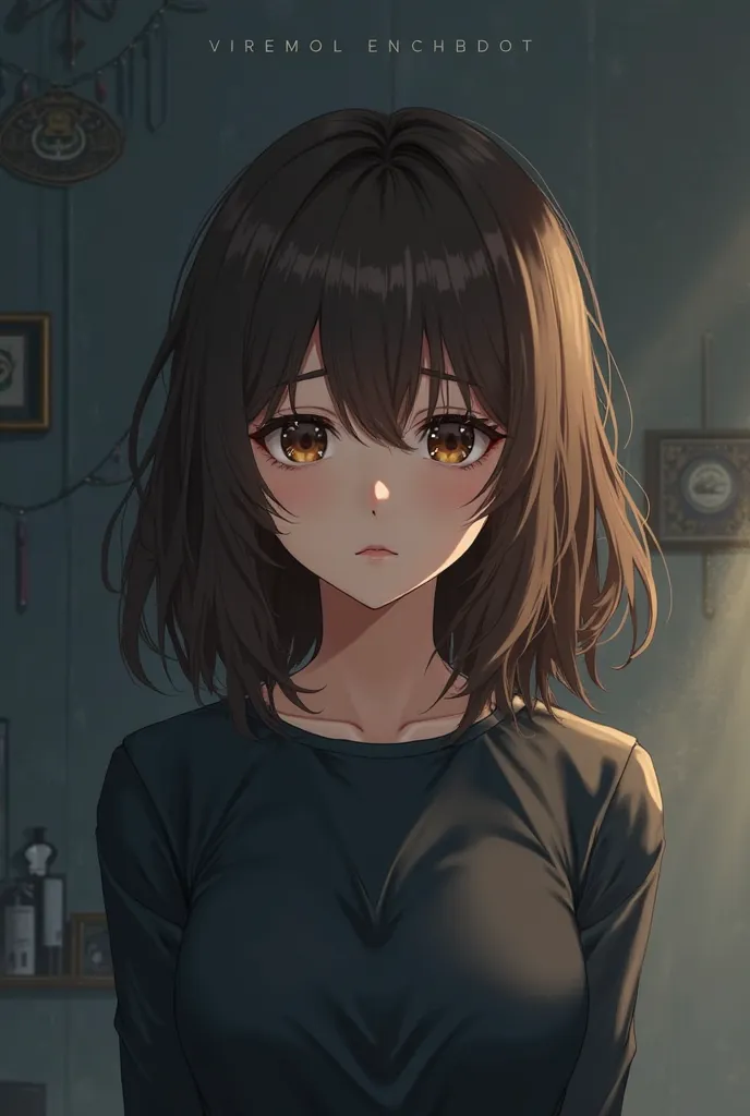  anime-style girl , serious expression, with straight, medium-wavy brown hair and brown eyes, usando cropped, and a melancholic background 