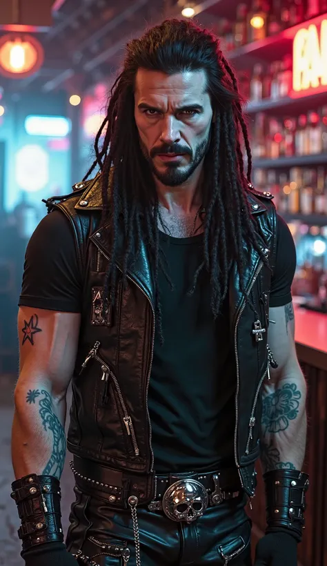 man with pale white skin, around 30 years old, long black hair with dreadlocks and straight highlights, red eyeball, black lipstick on his lips, wearing a black leather vest with spikes, wearing a black t-shirt plain, very big body builder body, large and ...