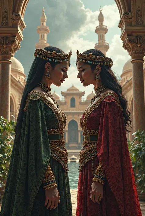 Create a fantasy style image. Two twin sisters, Arab princesses. One betrayed the other