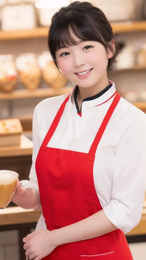  there is only 1 woman, standing, (  staff uniform) (Red Apron), /(black hair/) bangs,  gentle smile with blushing cheeks , (  Top Quality Masterpiece :1.2)  Ultra Detailed Delicate Illustration , ((Big Break)), (Cafe Shop) indoors, (((18-year-old girl,  s...