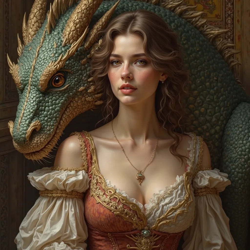 Woman of medium height (Greco-Roman ideal) with wavy brown hair with a dragon in Renaissance art style