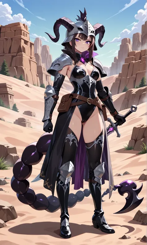 (((masterpiece, best quality, high detailed, 16k))) (1girl) A mysterious female warrior with short, dark hair and sharp, piercing violet eyes. Her black, leather armor is adorned with scorpion symbols, and her helmet bears a scorpion tail crest. She wields...