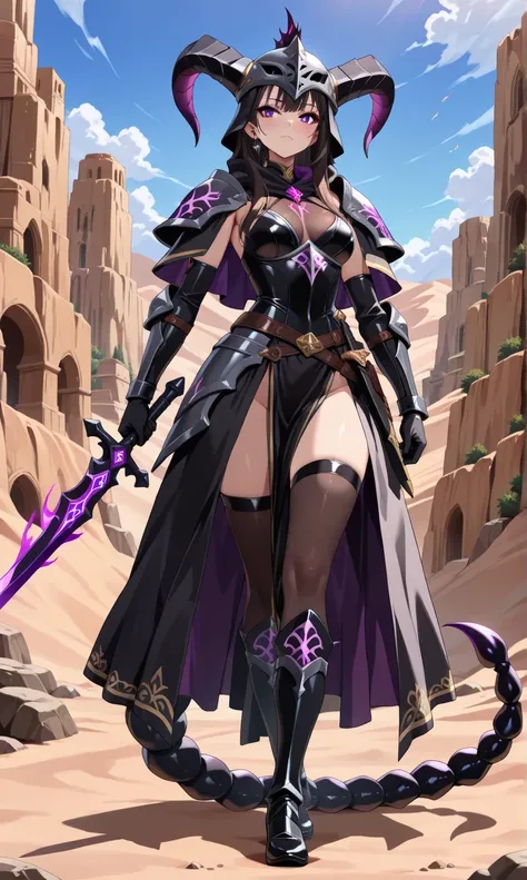 (((masterpiece, best quality, high detailed, 16k))) (1girl) A mysterious female warrior with short, dark hair and sharp, piercing violet eyes. Her black, leather armor is adorned with scorpion symbols, and her helmet bears a scorpion tail crest. She wields...