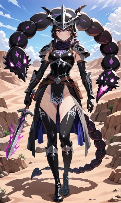 (((masterpiece, best quality, high detailed, 16k))) (1girl) A mysterious female warrior with short, dark hair and sharp, piercing violet eyes. Her black, leather armor is adorned with scorpion symbols, and her helmet bears a scorpion tail crest. She wields...