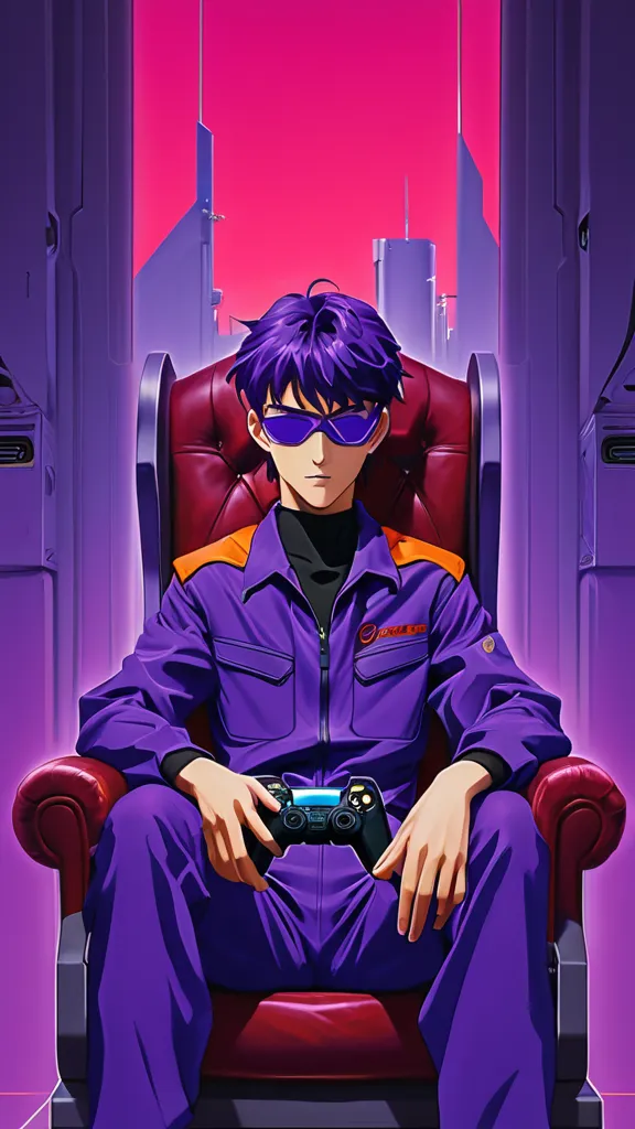  boy,  neon genesis evangelion template, fruit grape, player,  alone, eye patch, purple jumpsuit,  sitting on the throne, head tilt, Holding video game controller, Lance de Longinus \(evangelion\), tiro de cowboy, depth of field, fake traditional media, Pi...