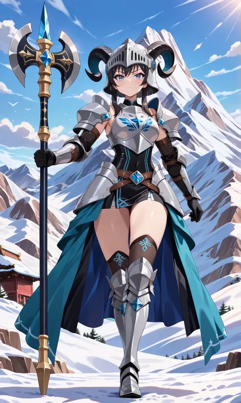 (((masterpiece, best quality, high detailed, 16k))) (1girl) A stern and determined female warrior with short, raven-black hair and ice-blue eyes. Her armor is made of solid, gleaming steel, adorned with mountain motifs and goat horns on her helmet. She wie...