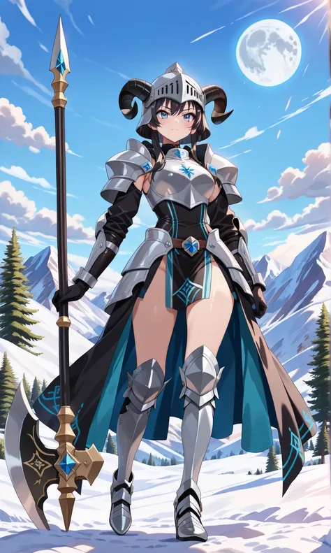 (((masterpiece, best quality, high detailed, 16k))) (1girl) A stern and determined female warrior with short, raven-black hair and ice-blue eyes. Her armor is made of solid, gleaming steel, adorned with mountain motifs and goat horns on her helmet. She wie...