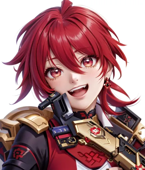 close-up of a red-haired person with a gun,  Ayaka from Genshin Impact ,  Ayaka from Genshin Impact ゲーム, Genshin Impactのキャリング, Genshin Impact&#39;s Zhongli,   Genshin Impact character  ,   shadowverse style ,  Mischievous Smile, Nobutaka Ike, [[[[Laughing ...