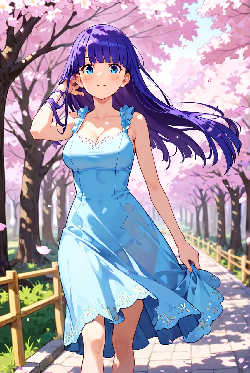 (Cherry blossoms dancing along the road,Walking character,The wind blows up her skirt, exposing her underwear,Underwear the same color as your hair,A one-piece dress that fits perfectly,One-piece dress Same color as eyes,Hold your hair down with your hands...