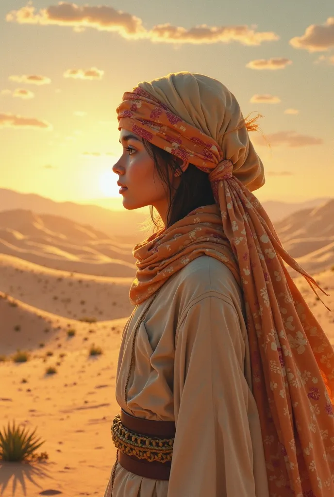 A girl in the desert looks at the desert wearing a turban over her head she is heading to the other side of the desert 