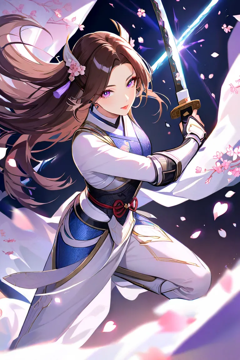 Brown hair, long hair, divine katana, asian girl, white ninja armor, moonlight, focused, necklace, bracelet, mid-air, attack, shards, superpower, Hair Ornament, Ribbon, Purple Eyes, cherry flowers