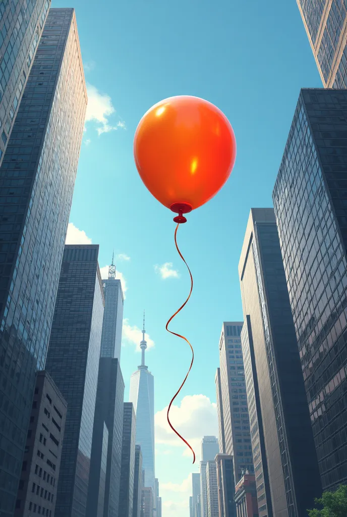 1 handheld balloon is hit with a gust of wind, sending into the city, show string of balloon indicating motion, it floats high above a city street below between the row of skycrappers of a modern city