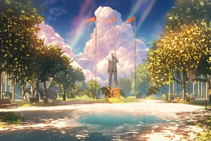 (((BLUE SKIES))), A stunning park in a beautiful anime-style, inspired by Studio Ghibli’s dreamy and vibrant aesthetics. At the heart of the park stands a majestic statue of a historical figure of a man wearing a military uniform on an aged stone pedestal,...