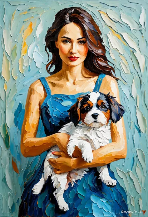 Impasto portrait of a palette knife、Woman holding a dog