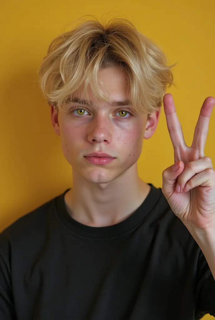 boy with blonde hair and black shirt making a peace sign, a picture inspired by Alexander Litovchenko, instagram, tachisme, blonde boy with yellow eyes, around 1 , 1 , 18 years old, very very low quality picture, tommy 1 , twink, profile picture 1024px, pr...