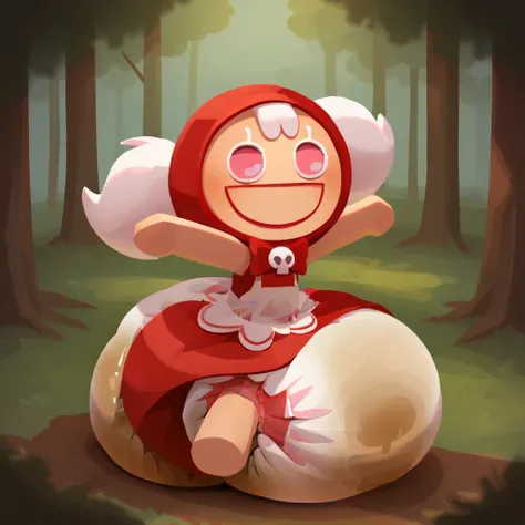 score_9_up, score_8_up, BREAK, CherryCookieRun, 1girl, solo, white hair, pink eyes, red hood, sleeveless dress, red dress, chibi, upper body, forest, smile, (cowboy shot from side), leaning forward, big hips, big diaper, messy diaper, enormous saggy bulgin...