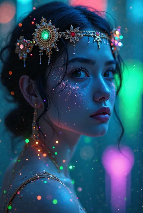  portrait | wide angle of the eyes to one side of the frame,  lucid dream - naked woman ,  Looking into the distance  :: 8 styles  | daydreampunk with shining skin and eyes,  stylized in headdress ,   beautiful,  she's dripping neon lights , very colorful ...