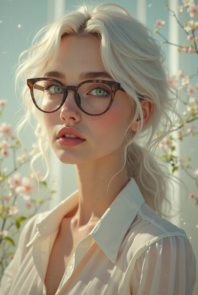 Woman in her early 20s or 30s, white, freckles, green eyes, white bem palida,  wears glasses