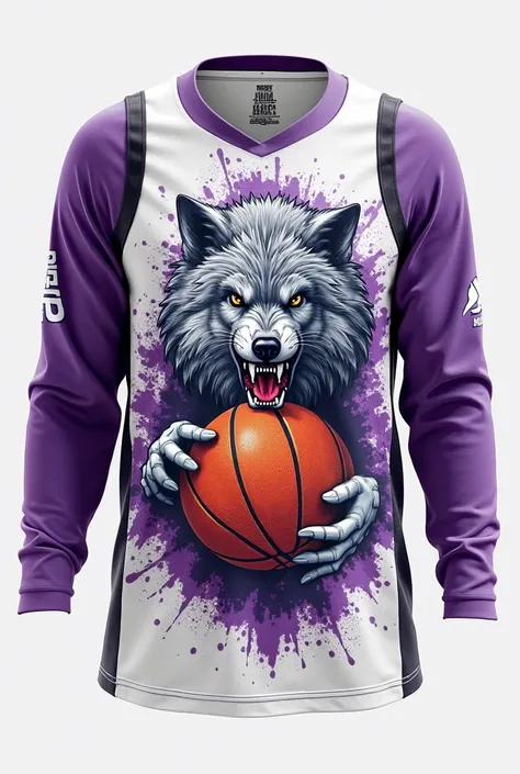 Create an image of a basketball regatta in the colors white and purple. The regatta must have a modern and stylized design, with a ferocious wolf holding or tearing a basketball. The name of the team 'Barões da Roça' must be attractively highlighted on the...