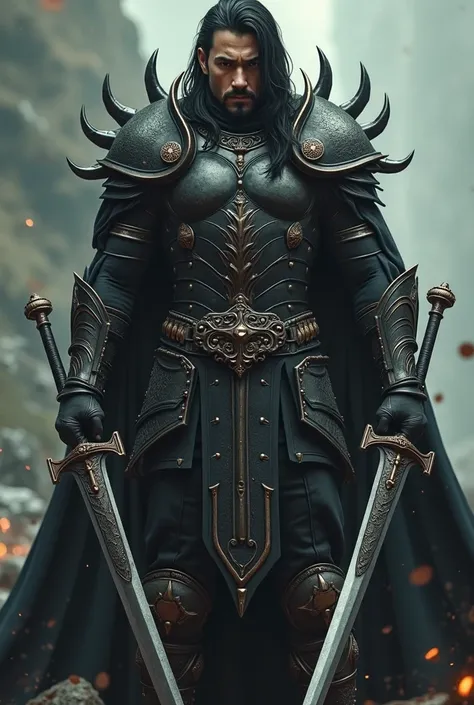 Warrior in his 30s.
 black hair . 
DARK Gothic armor with metal spikes and religious symbols.
 wielding two longsword.
Without a helmet. 