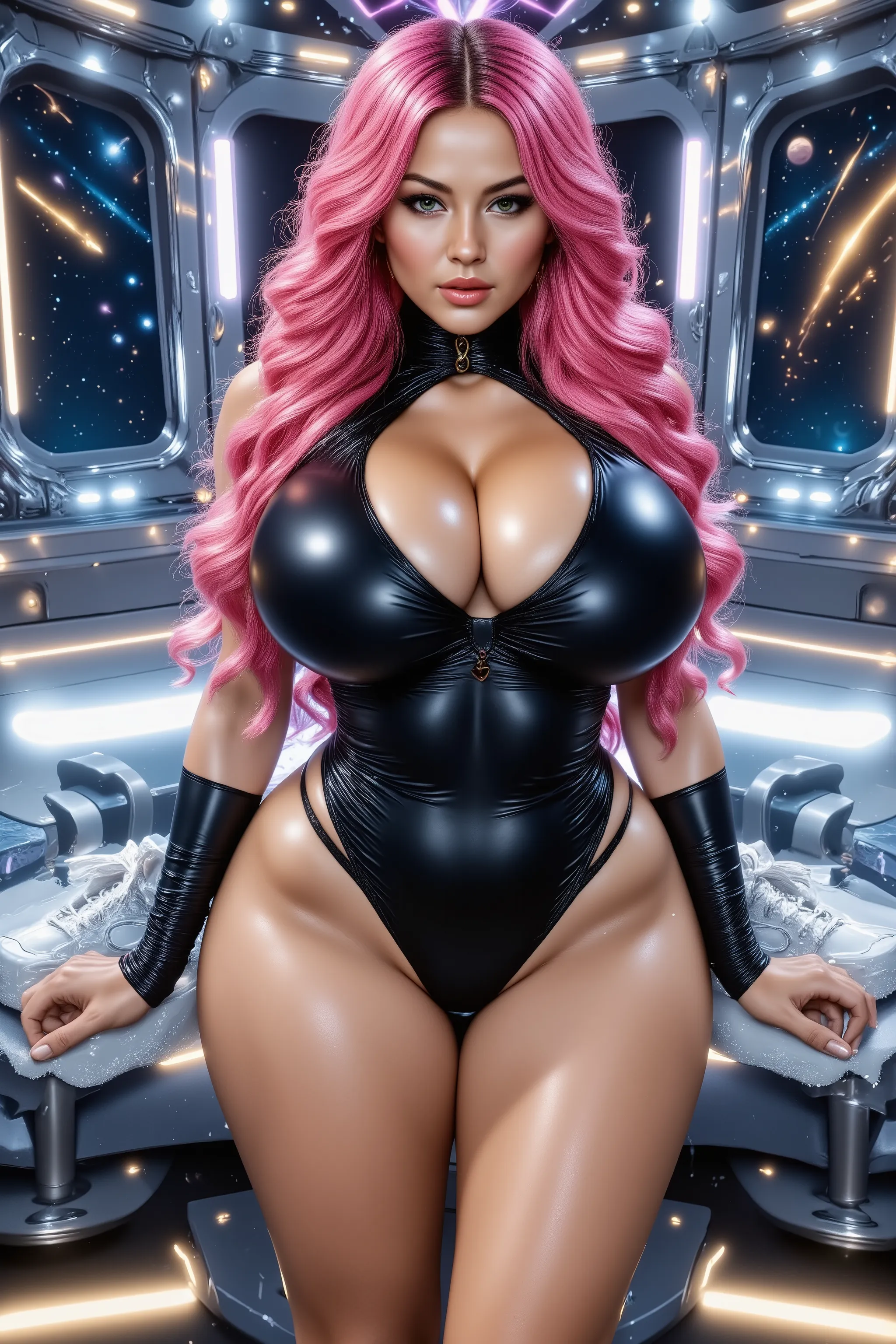 1 lady, 
Japanese, 
25 years old, 
5'10, 115 lbs., 
shiny beautiful extra-long thick deep-pink hair that flows front and back to her lower thighs, 
striking bright-green eyes, 
wearing a shiny thick heavy shiny black one-piece swimsuit, thick pointy shiny-...