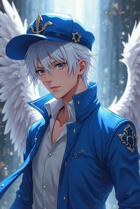 Male anime character with white hair, blue jacket and blue cap with white wings 