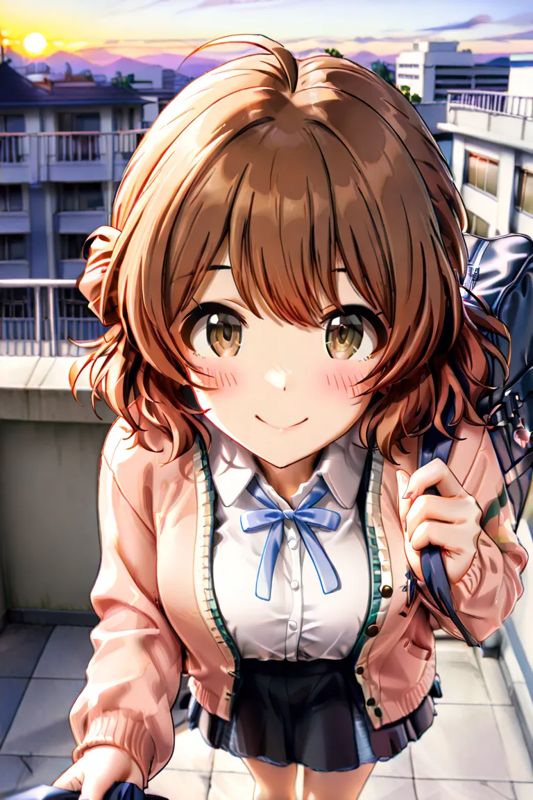 TOP QUALITY, masterpiece, high definition, Alone, Hanami Yume _Academy Idolmaster, Medium Short Hair, orange-brown hair, brown eyes,  height 158 cm, 1 girl,  high school uniform,  slightly blushing, smile, larger breasts, school bag, first-person perspecti...