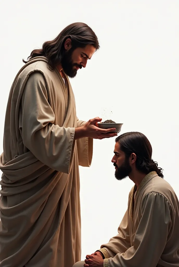 create a realistic image of Jesus, colored, throwing ashes on a person's head, in reference to Lent (Catholic)) time of Jesus, white background 4k