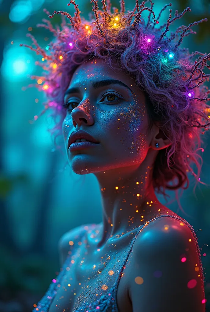  portrait | wide angle of the eyes to one side of the frame, Lucid dream - Marilia Dias Mendonça nude,  Looking into the distance  :: 8 styles  | daydreampunk with shining skin and eyes,  stylized in headdress ,   beautiful,  she's dripping neon lights , v...