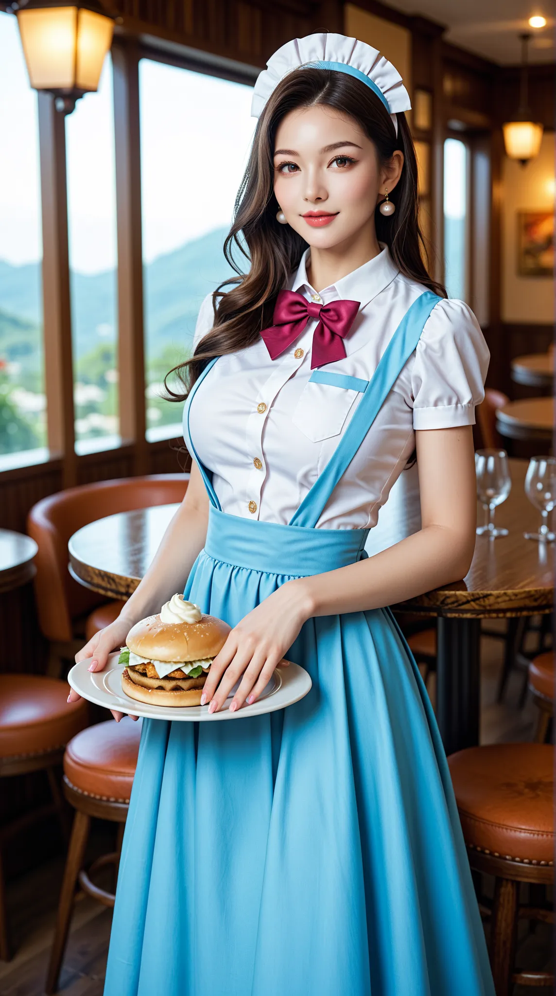 Beauty, high quality, Complete, In detail, High resolution, 8k wallpaper, sexy body, Perfect dynamic composition, Beutiful attention to detail, Random costume, Random  poses, Charm, Alluring, 20 year's old, sexy waitress, cute restaurant, 
