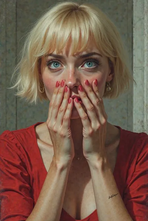 A BLONDE WOMAN WITH FLAT AND SHORT HAIR,  blue eyes, covering your mouth with your hands,  wide-eyed , as if she had just discovered something disturbing, DRESSED IN A LOW-CUT RED BLOUSE