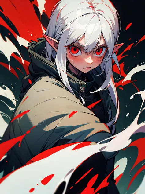  white-haired girl, red eyes,  Elf Ears, Doflamingo's black coat, techwear