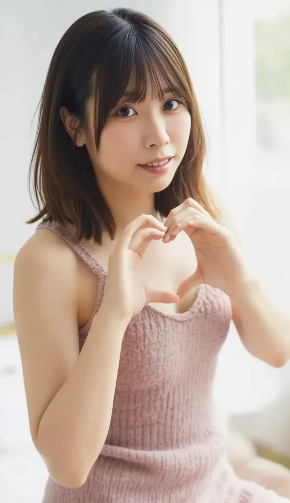  she's wearing a dress , I make a heart shape with both hands , And then pose in front of her chest, Close-up shot of a smiling face winking and smiling