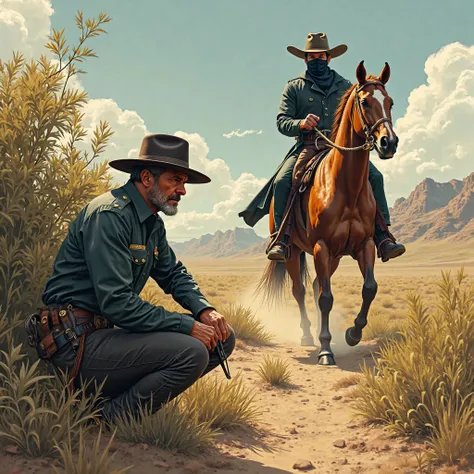 create an image of a sheriff from the back hiding in the bushes scouting a strange man wearing a mask on a buckskin horse during a time of late 1800s in the Old West USA, Texas