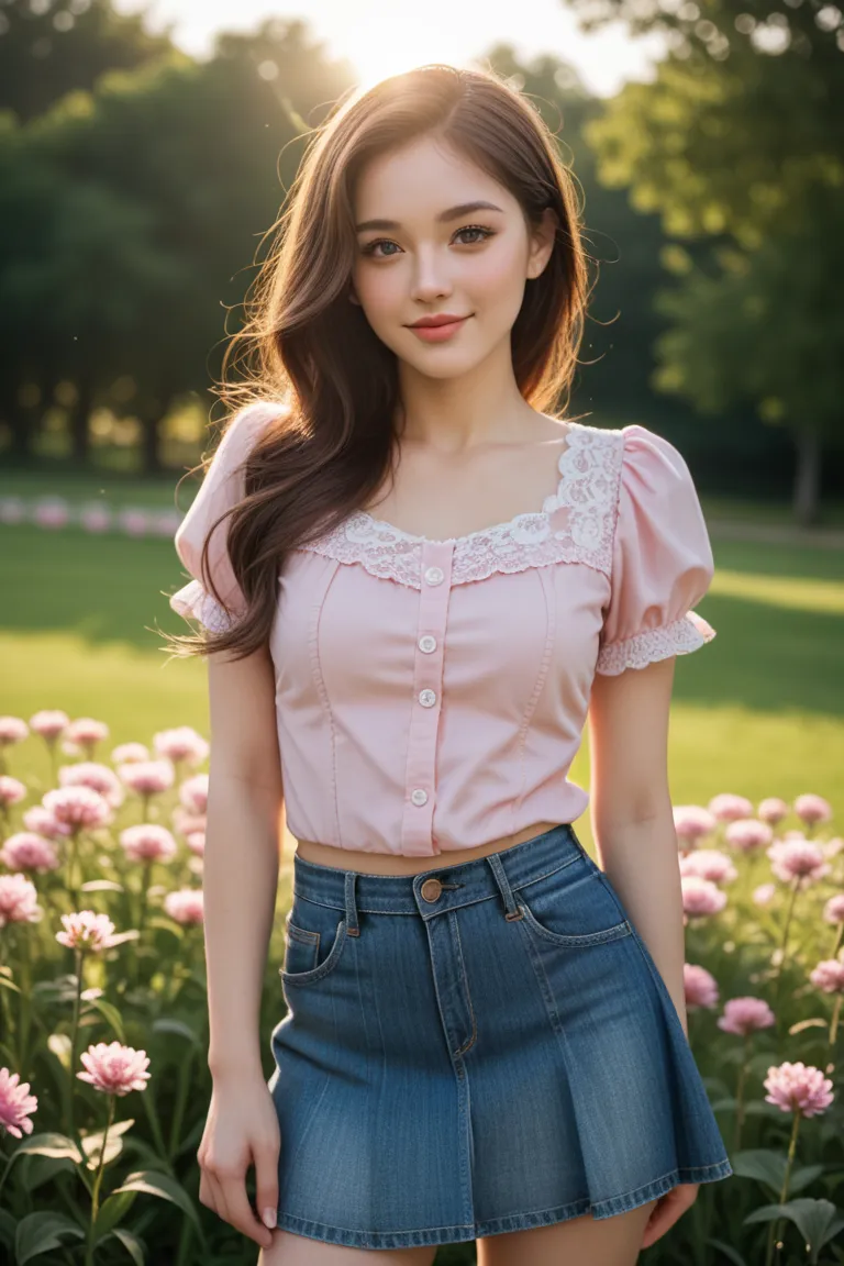 A young woman in a pink blouse scuffed her navy denim skirt, a pair of pink panties