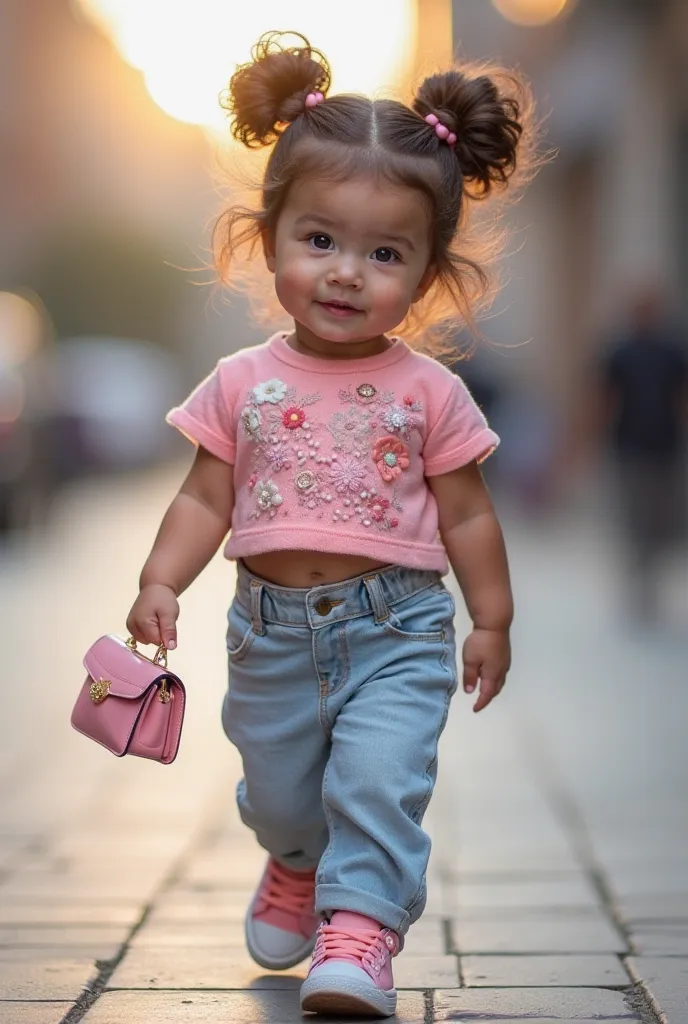 An adorable baby with big, bright eyes, soft skin and rosy cheeks, walking confidently down an urban sidewalk at dusk. Her hair is styled in two fluffy bunches on the top of her head, with some loose threads for a natural touch. She wears a beautiful pink ...