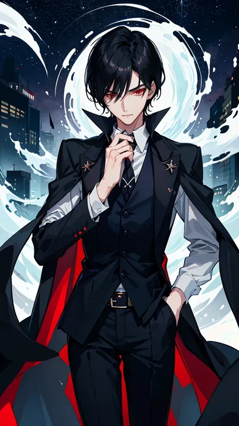  vampire。beautiful, tall, handsome young man with short black hair with waves and thin, slender eyes。white dress shirt, navy blue vest, black cloak。Little red eyes。A completely dark city of buildings at midnight。starry sky。