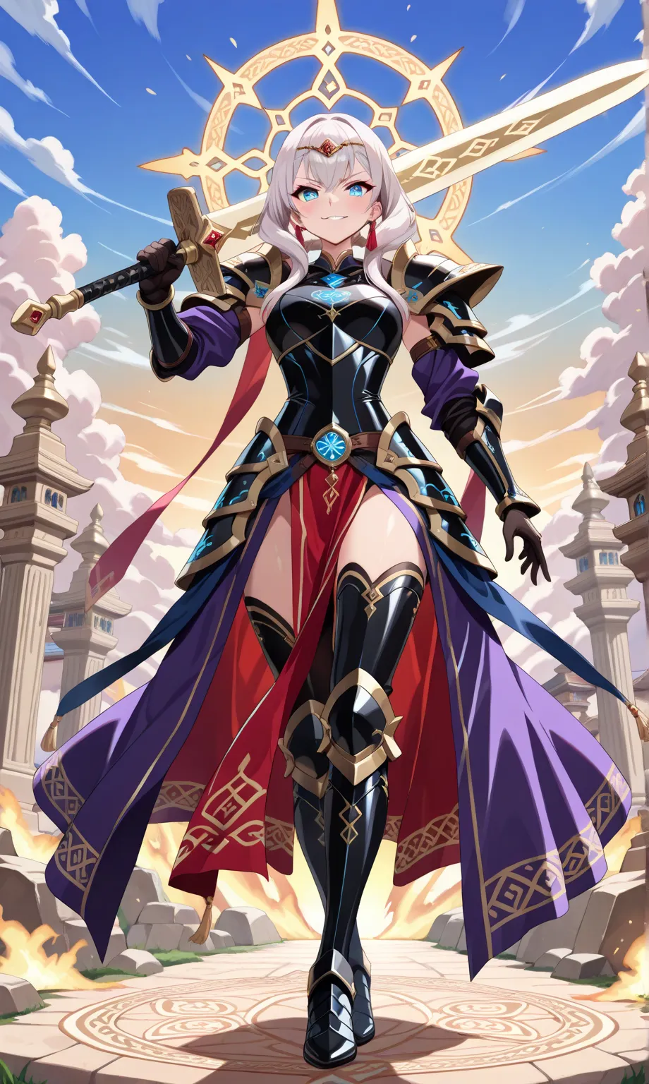 (((masterpiece, best quality, high detailed, 16k))) (1girl) A breathtakingly beautiful warrior, slender and graceful, yet draped in a massive, intricately detailed armor that radiates power. Her short, silken hair is perfectly styled, complementing her str...