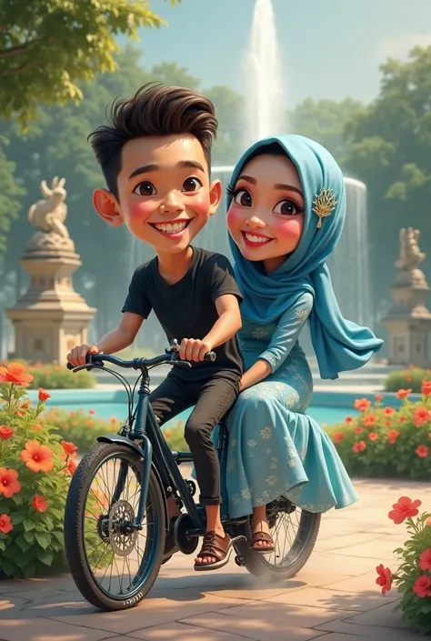 Caricature of a young man wearing a black t-shirt and an Indonesian woman wearing a blue hijab in a beautiful dress riding a unique bicycle in front of an elegant garden background, full of colorful flowers and a large fountain. The image style is modern a...