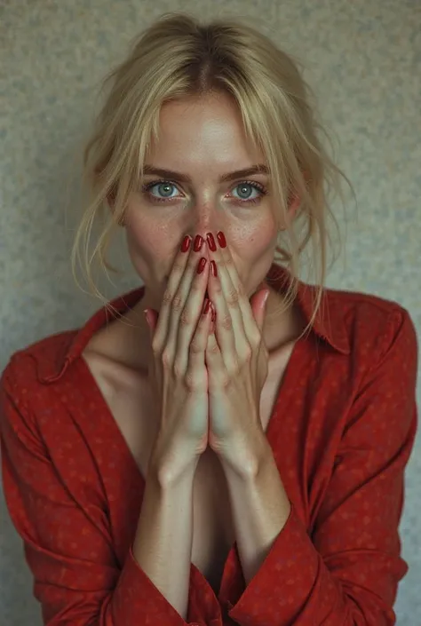 A BLONDE WOMAN WITH FLAT AND SHORT HAIR,  blue eyes, covering your mouth with your hands,  wide-eyed , as if she had just discovered something disturbing, DRESSED IN A LOW-CUT RED BLOUSE
