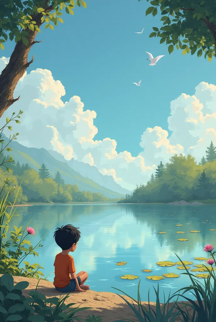 In the foreground 
Vignette 4: The Pool of Calm

Description: The  comes to a quiet pond, where water reflects the sky. He sits on the shore and breathes a deep, finding calm.
Visual:
The pond with water lilies and reflections in the water.
The seated boy,...