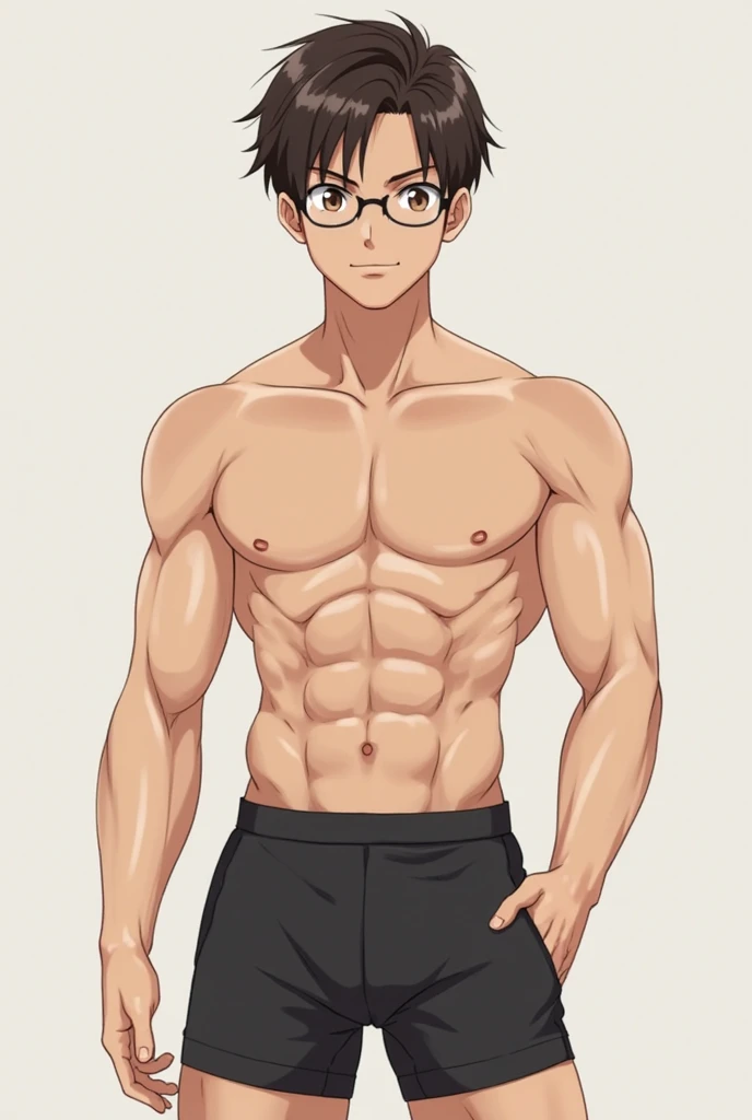 A 17-year-old looking boy with 1,72 tall white, skinny with defined six-pack, With dark brown straight hair, dark brown eye color who wears glasses and is wearing only black shorts, anime style