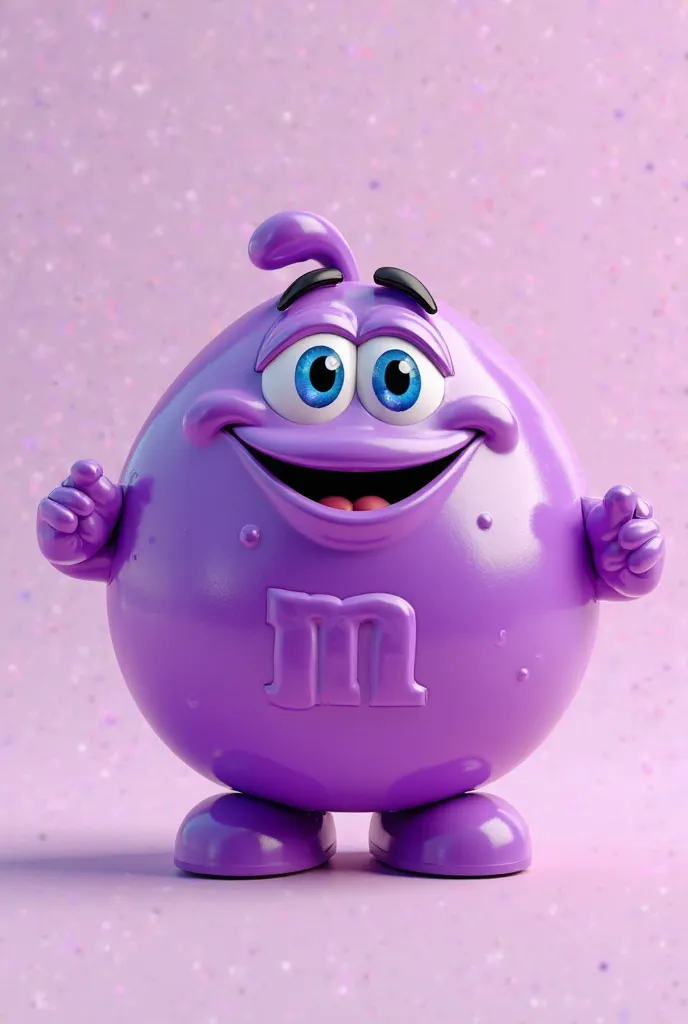 A 3D-rendered digital illustration of a purple M&M-inspired mascot. The character has a round, glossy candy shell with a rich purple hue, reflecting light realistically. It features large