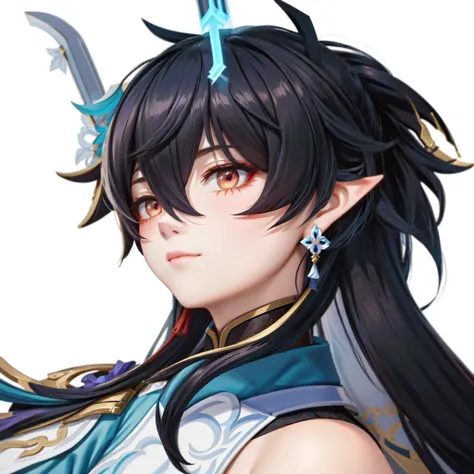 Close up of a person holding a sword in a game, keqing from Genshin Impact, Haise Jinyao, zhongli from Genshin Impact, ayaka Genshin Impact,  Hestia, Genshin Impact character, girl in a portrait of a knight of the twelve constellations, genshin,  Onmyoji p...